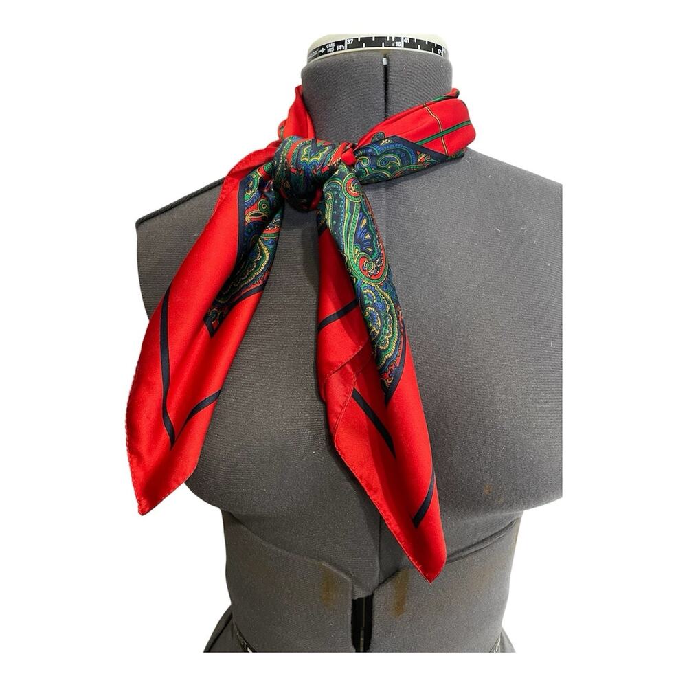 Vintage Scarf 30” Square Paisley Red Blue Green Bandana Satin Polyester Preppy